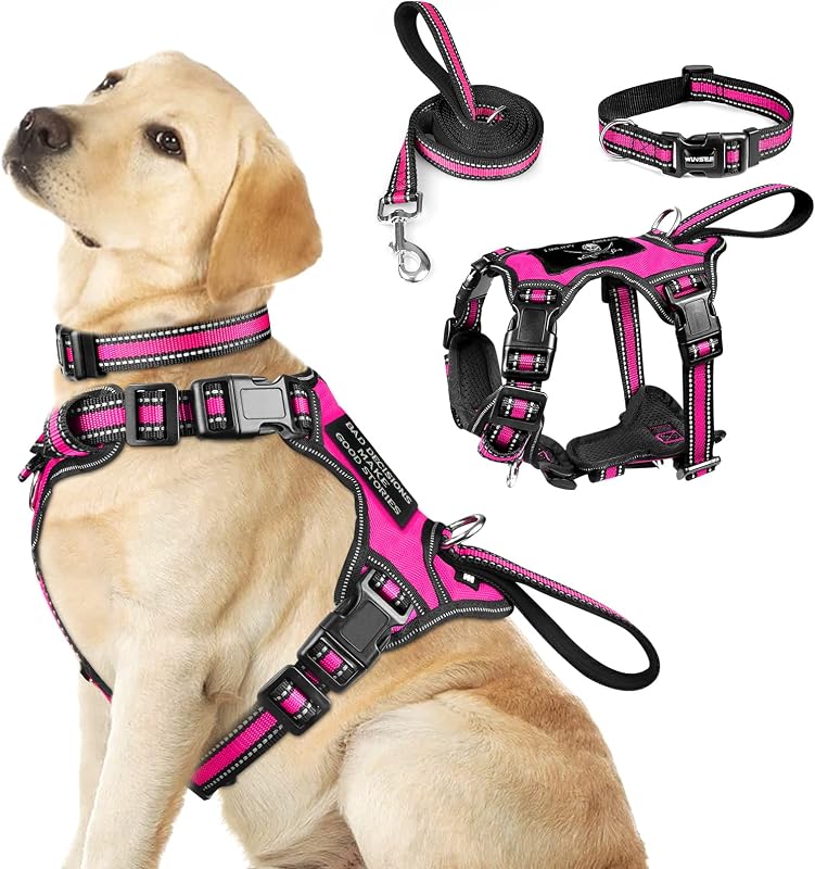 Peitoral para Cães Tipo Cabresto WINSEE com Coleira e Guia Refletivas, Ajustável e Antipuxão, Rosy, Tamanho Grande