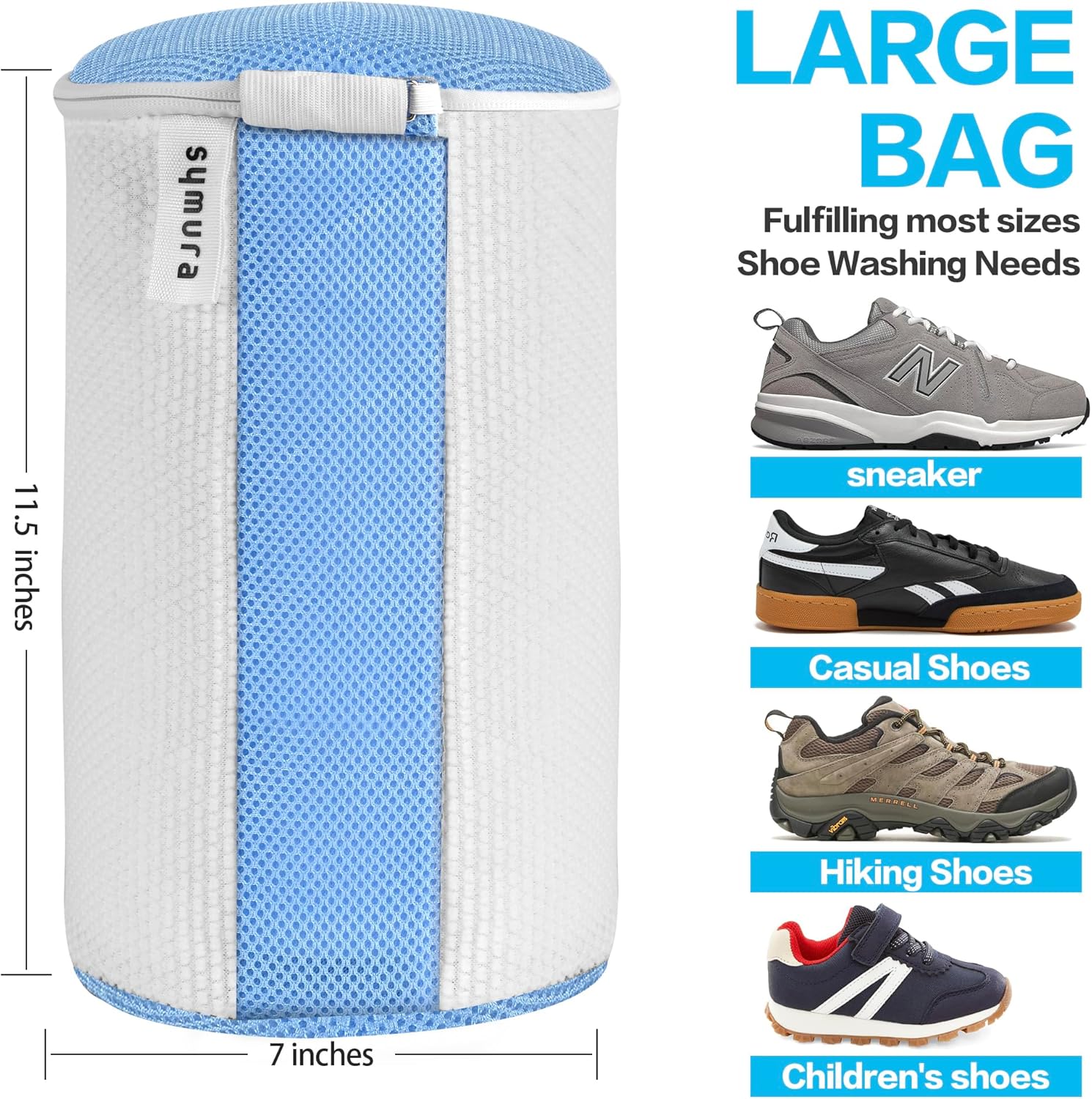 2 Pcs Shoe Washing Machine Bags, Tear Resistant Chenille Shoe Cleaner Bag,Large Size High Permeability Sneaker Mesh Laundry Bags with Lock Design– Hidden Zipper – No Deformation(Blue and White)