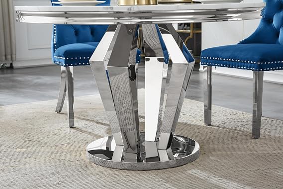 White Marble Dining Table, Luxurious 44.88 Round Dining Room Table with Printed Marble Top and Silver Diamond Shape Stainless Steel Pedestal, Modern Circle Kitchen Table for 6