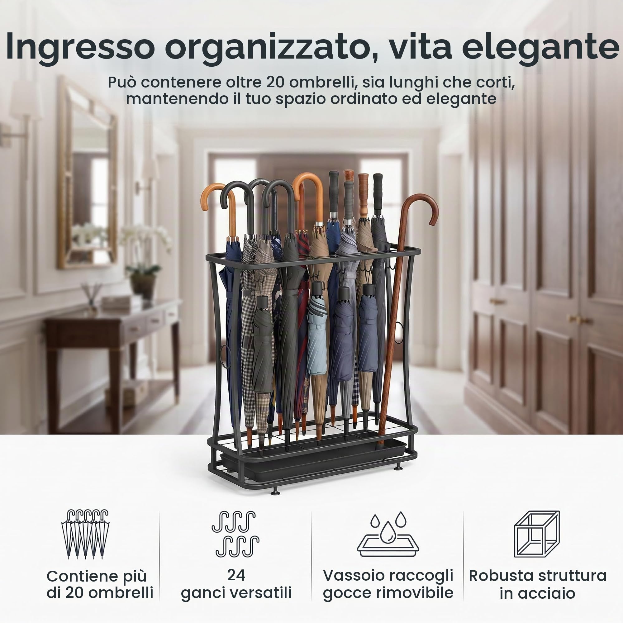 Turosur Portaombrelli, 21 fori, 24 ganci, con vassoio antigoccia rimovibile, per ingresso, casa, ufficio (nero)