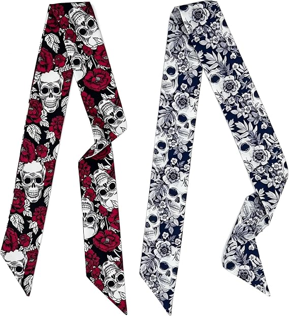 2PCS Gothic Halloween Scarf for Purse Handbags Women Hair Ribbon Skull Rose