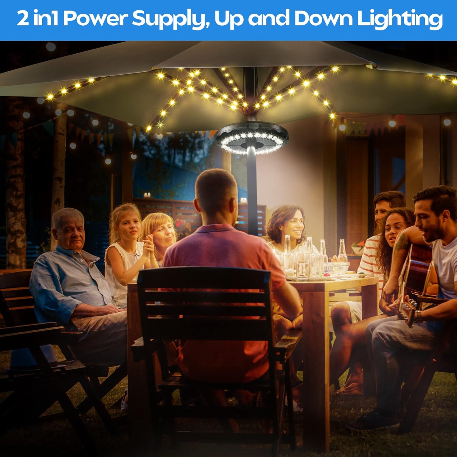 2 in 1 Patio Umbrella Lights, 16Colors 4Modes 104 LED Umbrella String Lights Combination 3 Brightness Modes 28 LED Umbrella Pole Light USB and Battery Operated for Yard Outdoor Umbrella Camping Tents - - 