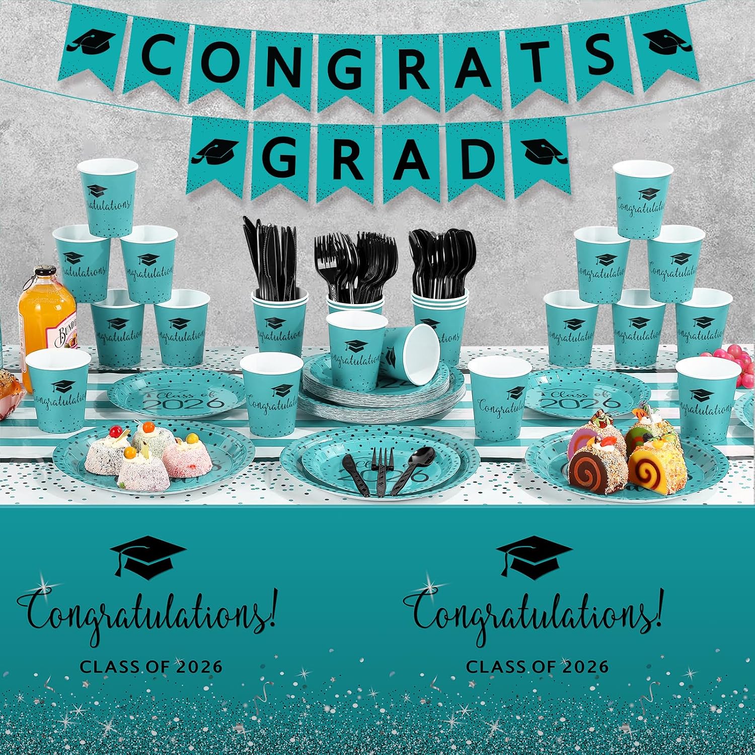 355Pcs Teal and Black Graduation Decorations Set ,2026 Graduation Party Supplies Serves 50,Includes Congrats Grad Banner Paper Plates Cups Napkins Tablecloths Tableware for Class of 2026