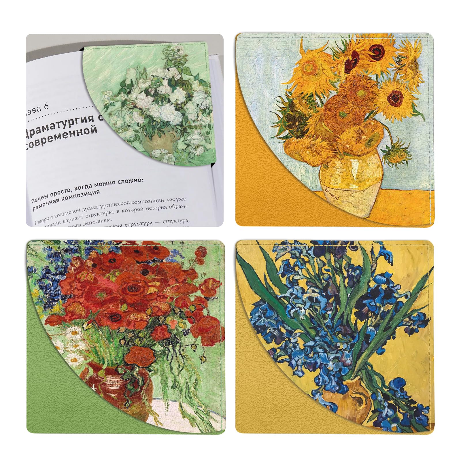 bolimoss Cute Floral Leather Book Marks 4Pcs, Van Gogh Gifts Oil Painting Making Corner Bookmark, Fun Book Accessories for Reading Book Lovers, Personalized Page Markers（Rose Sunflower Irises Poppy）