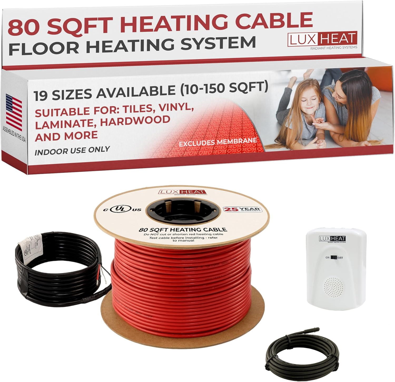 LuxHeat 80sqft Floor Heating Cable Kit - 120v Radiant Floor Heat System for Tile, Vinyl, Laminate - Easy to Install Heated Flooring System Includes Underfloor Heating Cable, Alarm & Flooring Sensor