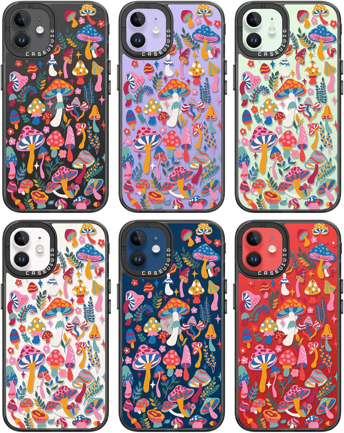 Compatible for iPhone 12 Case Cute Aesthetic - Durable Fashion Funny Phone Case - Girly Mushroom Jungle Pattern Print Cover Design for Woman Girl 6.1 inches Black