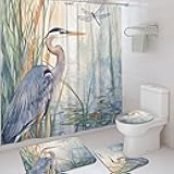 4Pcs Heron Shower Curtain Set, Blue Green Bird Bath Mat Rugs Accessories for Bathroom Decor, Spring Modern Waterproof Fabric Shower Curtain Set with Hooks 72x72 Inch