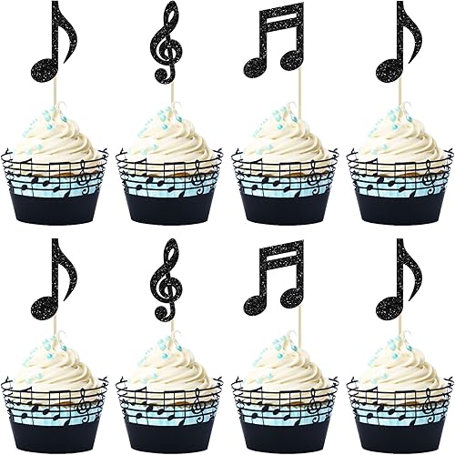 Miniatura 16 de Gyufise 24 adornos para magdalenas de músico, silueta de saxofón con purpurina, notas de música, selecciones de cupcakes, conciertos de música,