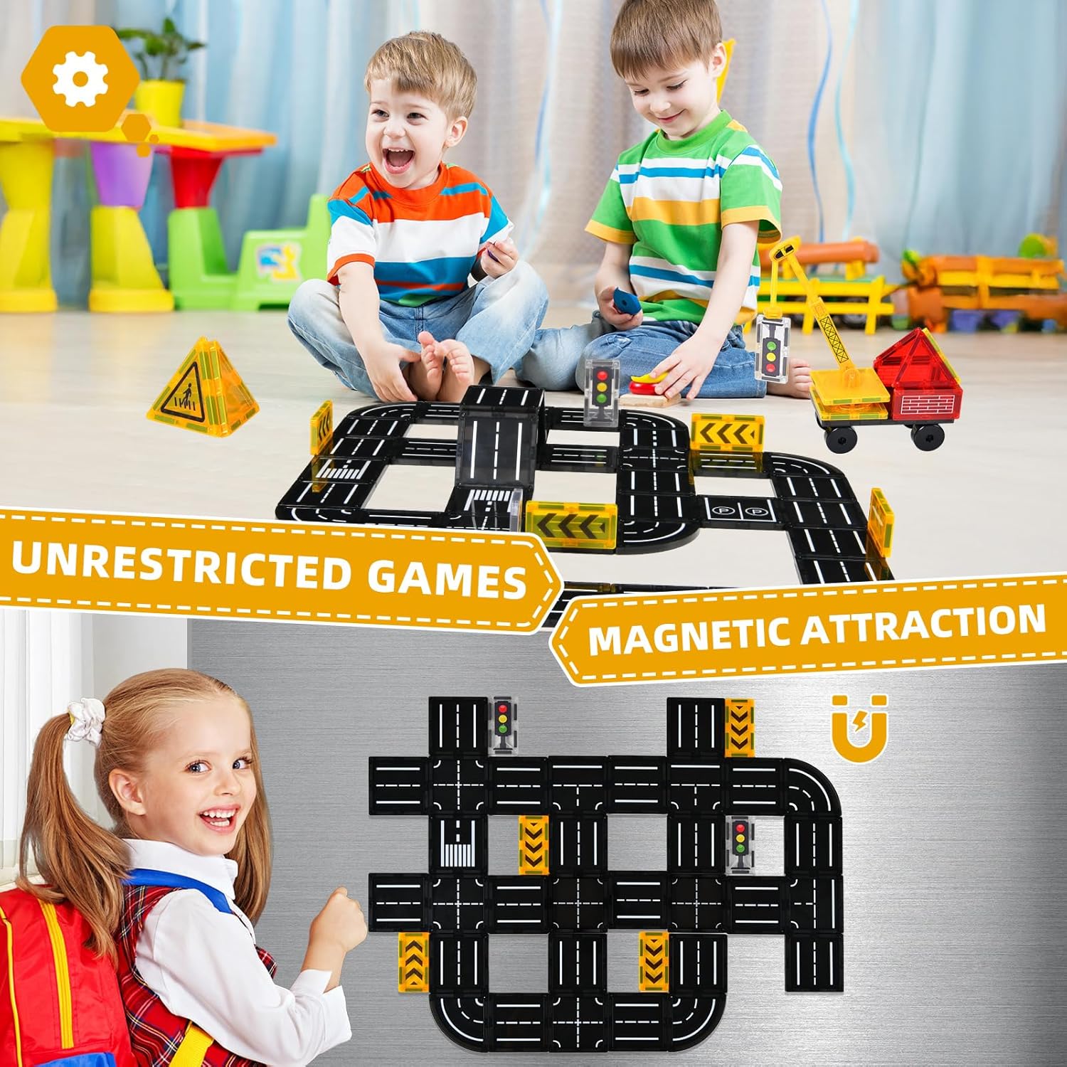 Magnetic Tiles Road Expansion Pack, Magnetic Building Blocks Construction Toys for 3+Year Old Boys Girls, Kids Toy Montessori Toys for Toddler.