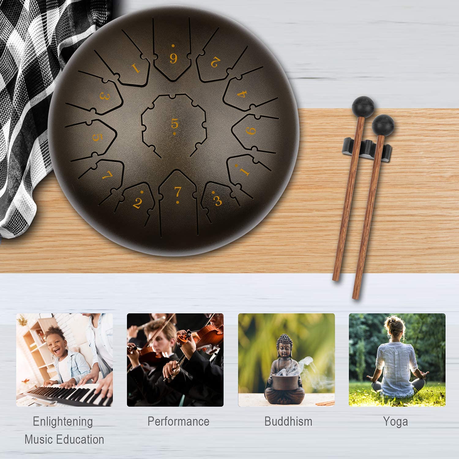 KUD Tongue Drum, 12 Zoll 13 Tone C-Dur Zungentrommel Schlagzeug Instrument, Steel Pan Töne Schlaginstrument Hand Pan Drum mit Trommelschlägeln Tragetasche Note Sticks für Meditation Yoga Klangheilung
