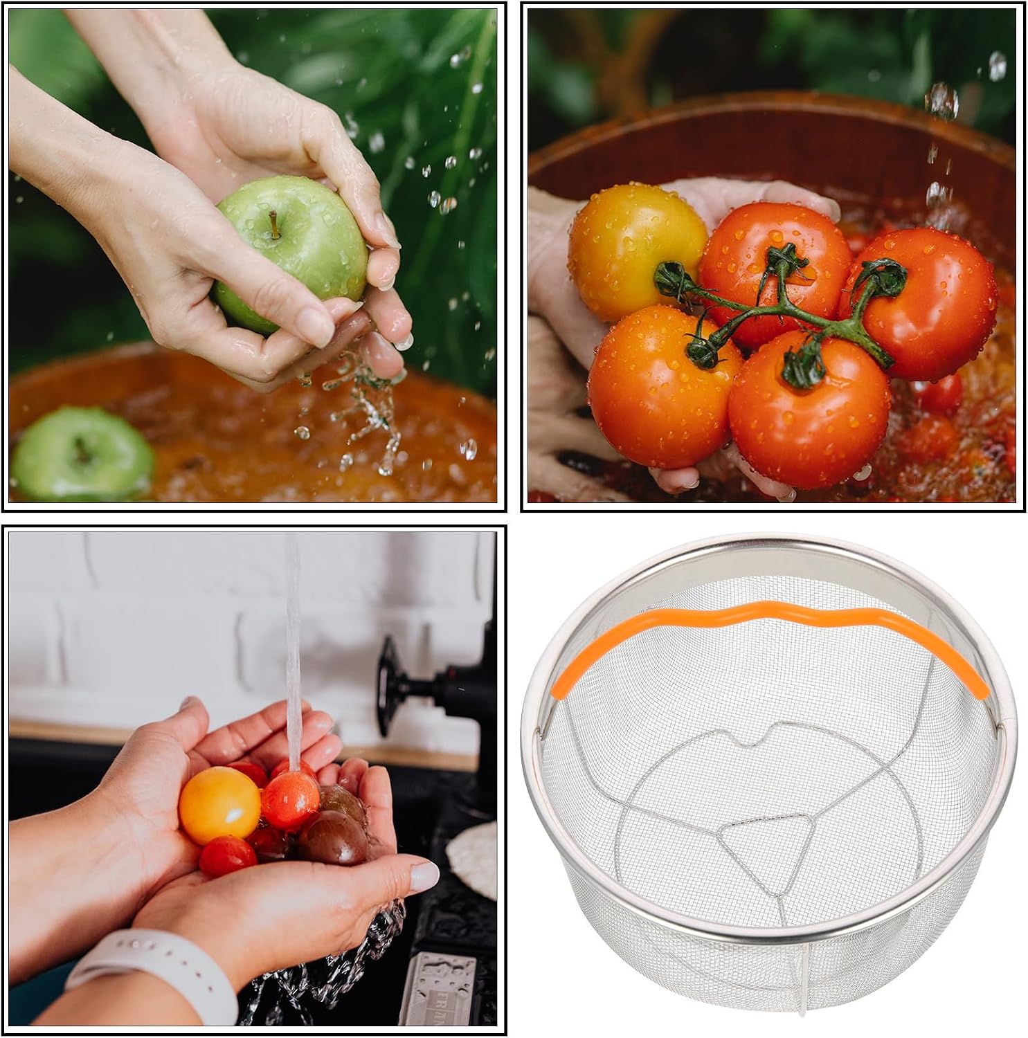 Stainless Steel Steaming Basket with Handle and Stand, Kitchen Fruit Strainer and Draining Basket for Rice Washing and Food Steaming, Easy to Store for Homes and Restaurants