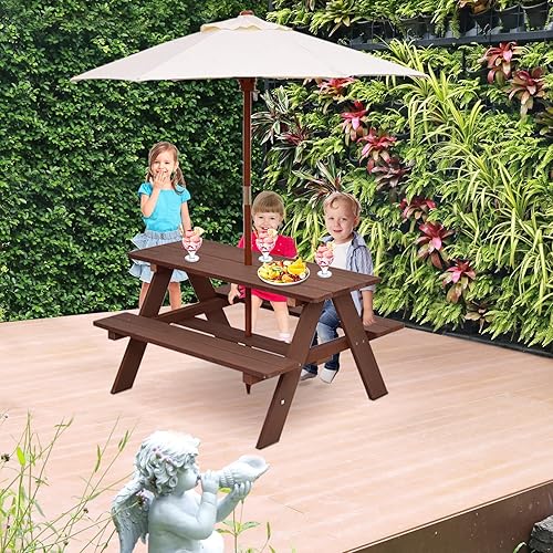 Miniatura 4 de Costzon Mesa de picnic para niños, mesa y sillas de madera de abeto para exteriores con paraguas extraíble, mesa de picnic para niños pequeños