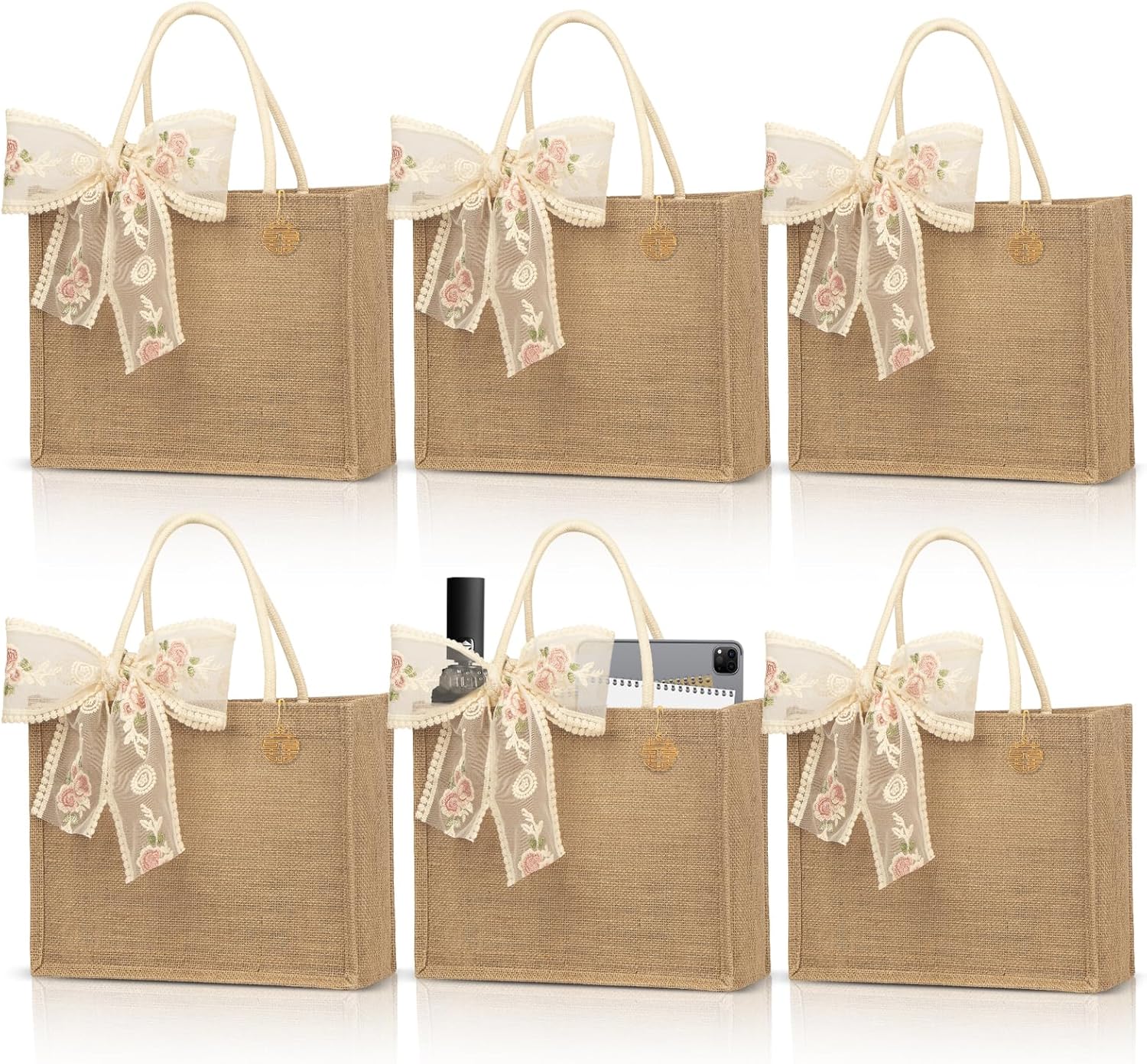 Burlap Jute Tote Bags with PE Lined Water-Resistant Interior, 13x9x5 Inch Reusable Bag for Beach, Shopping, Bridesmaid Gift