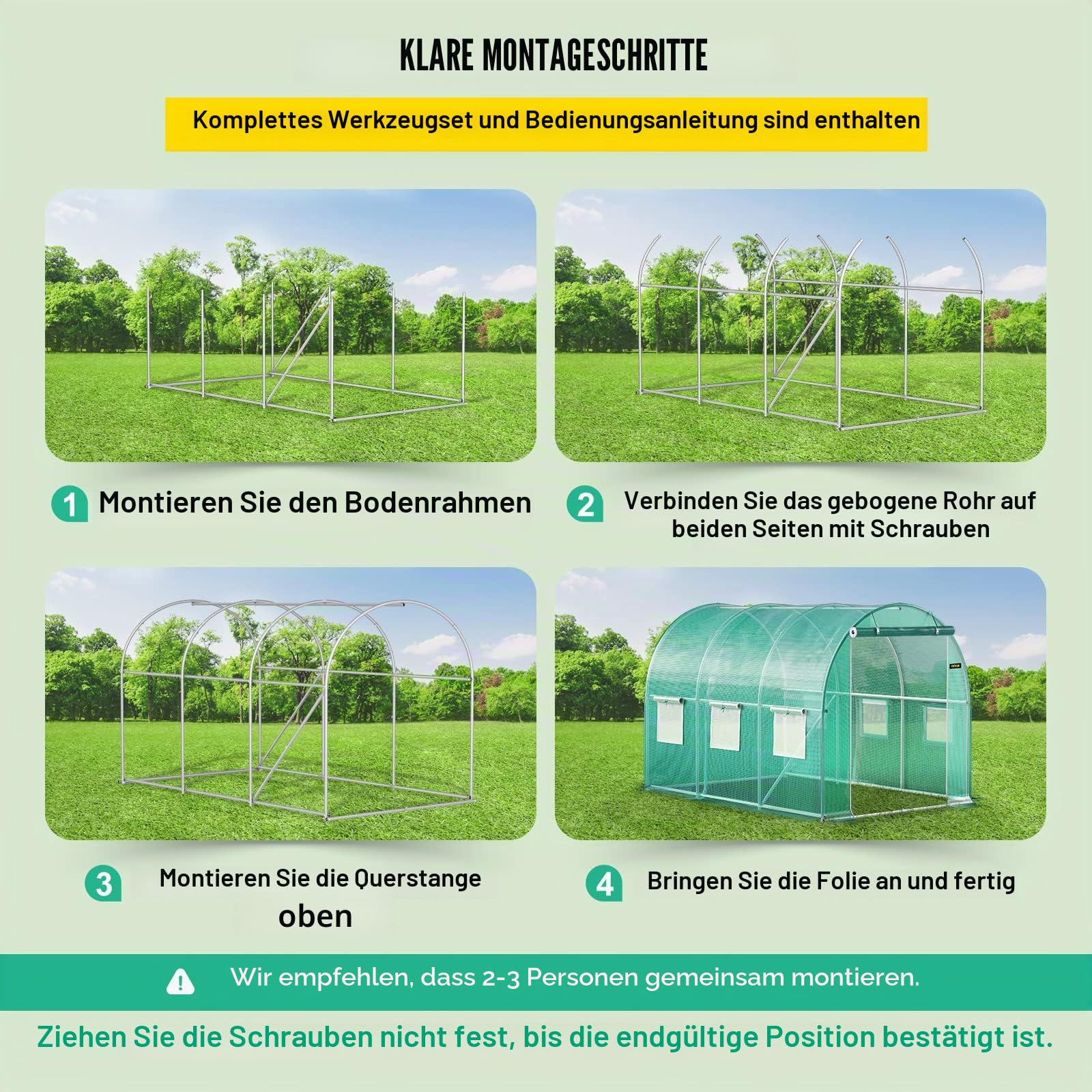 VEVOR Begehbares Tunnel-Gewächshaus, 3 x 2,1 x 2,1 m, tragbares Pflanzen-Heißhaus mit verzinkten Stahlrahmen, 1 Oberbalken, diagonale Stangen, Reißverschlusstür und 6 aufrollbaren Fenstern, grün