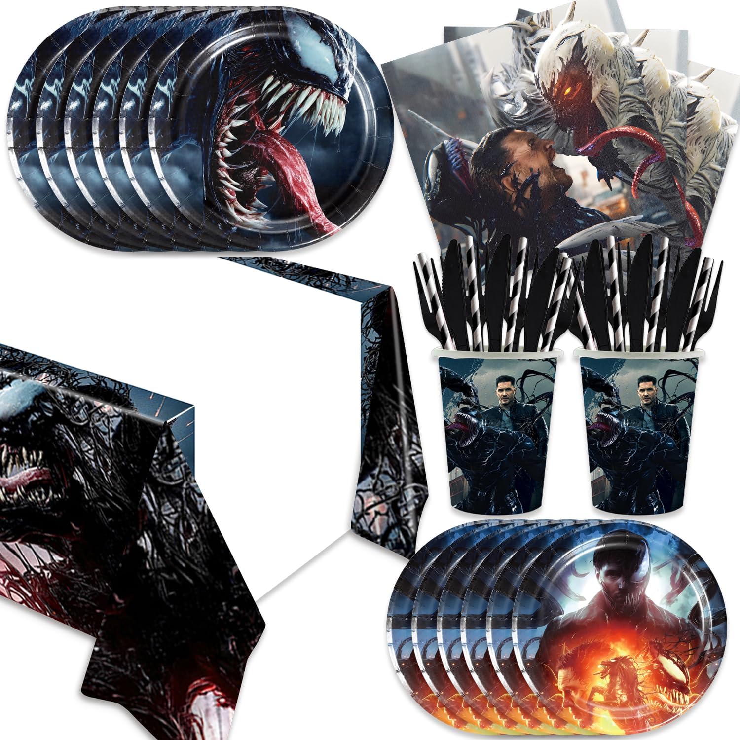 141pcs Venom Party Supplies Pack Includes，Napkin，Plates,Tablecloth,Spoon,Straw,Kinfe,for Venom party supplies
