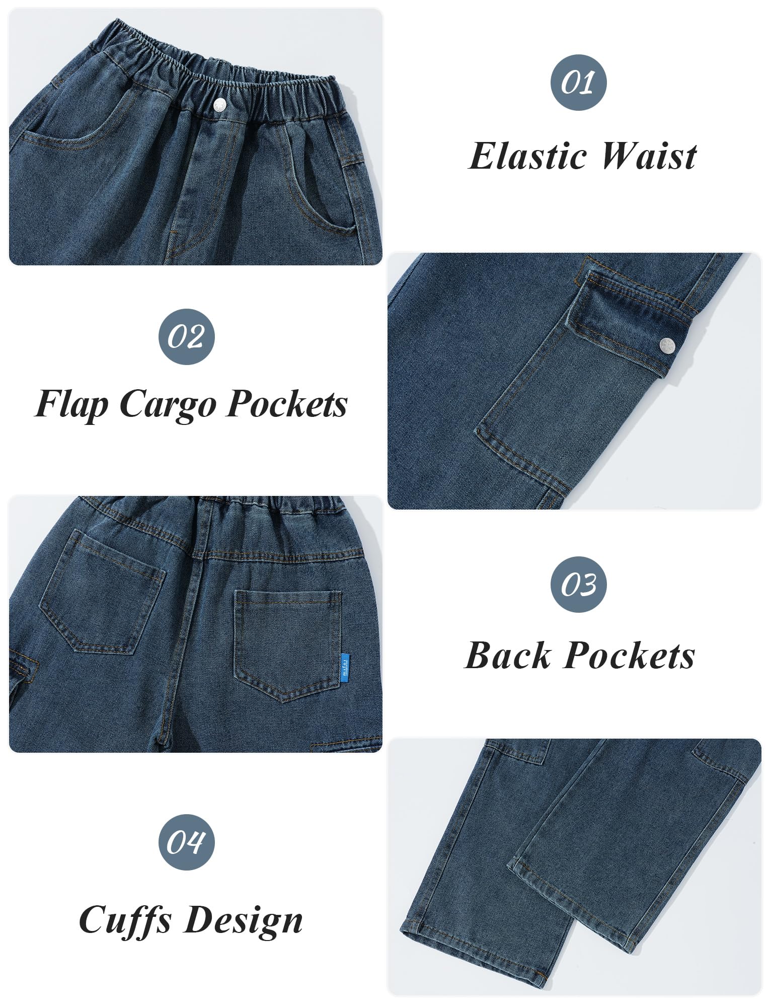 Happy Cherry Y2K Jean baggy pour garçon Taille élastique Pantalon cargo en denim avec plusieurs poches Pantalon vintage ample Streetwear pour enfants de 6 à 13 ans