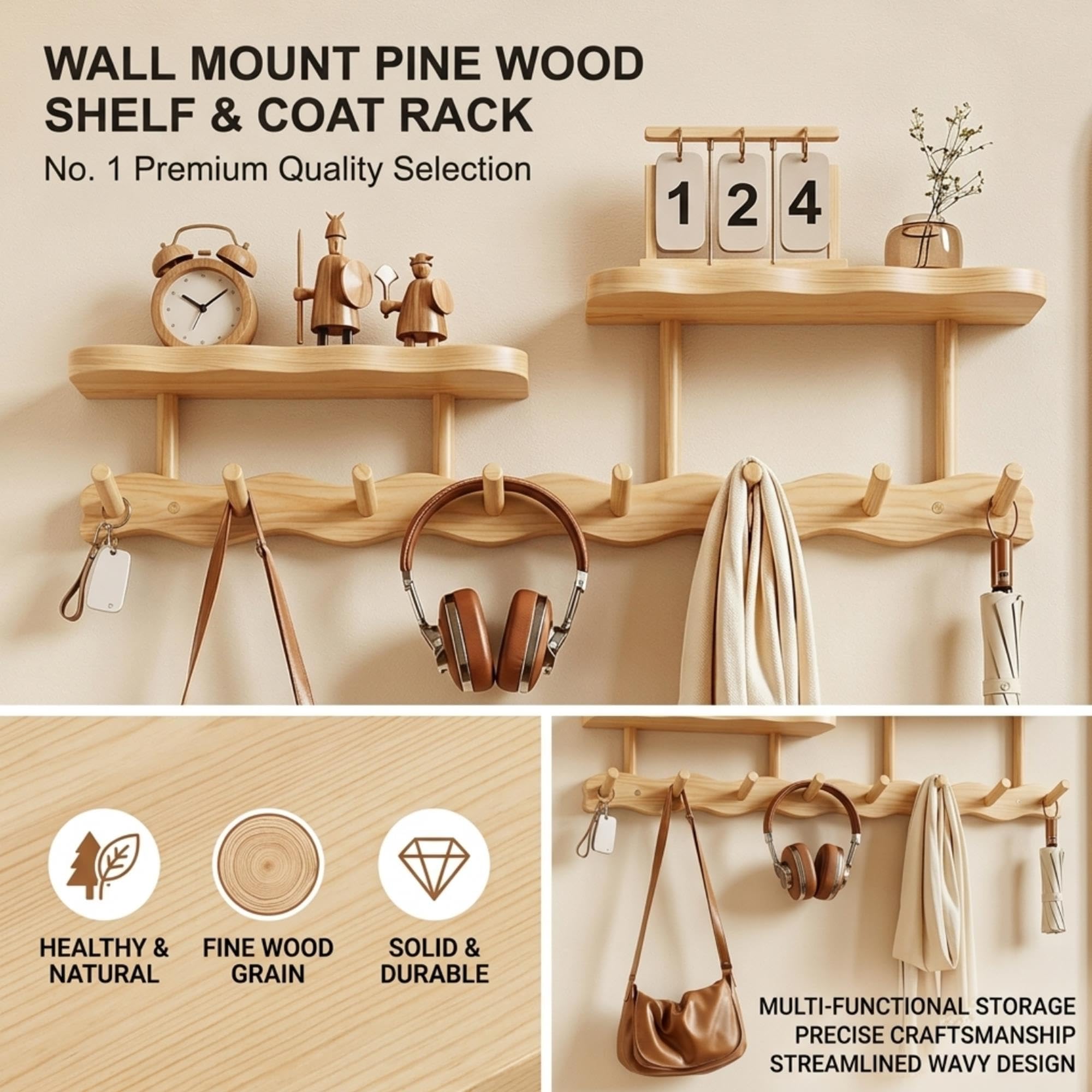 Estante de pared con 4, 6 u 8 ganchos, estante flotante de madera de pino
