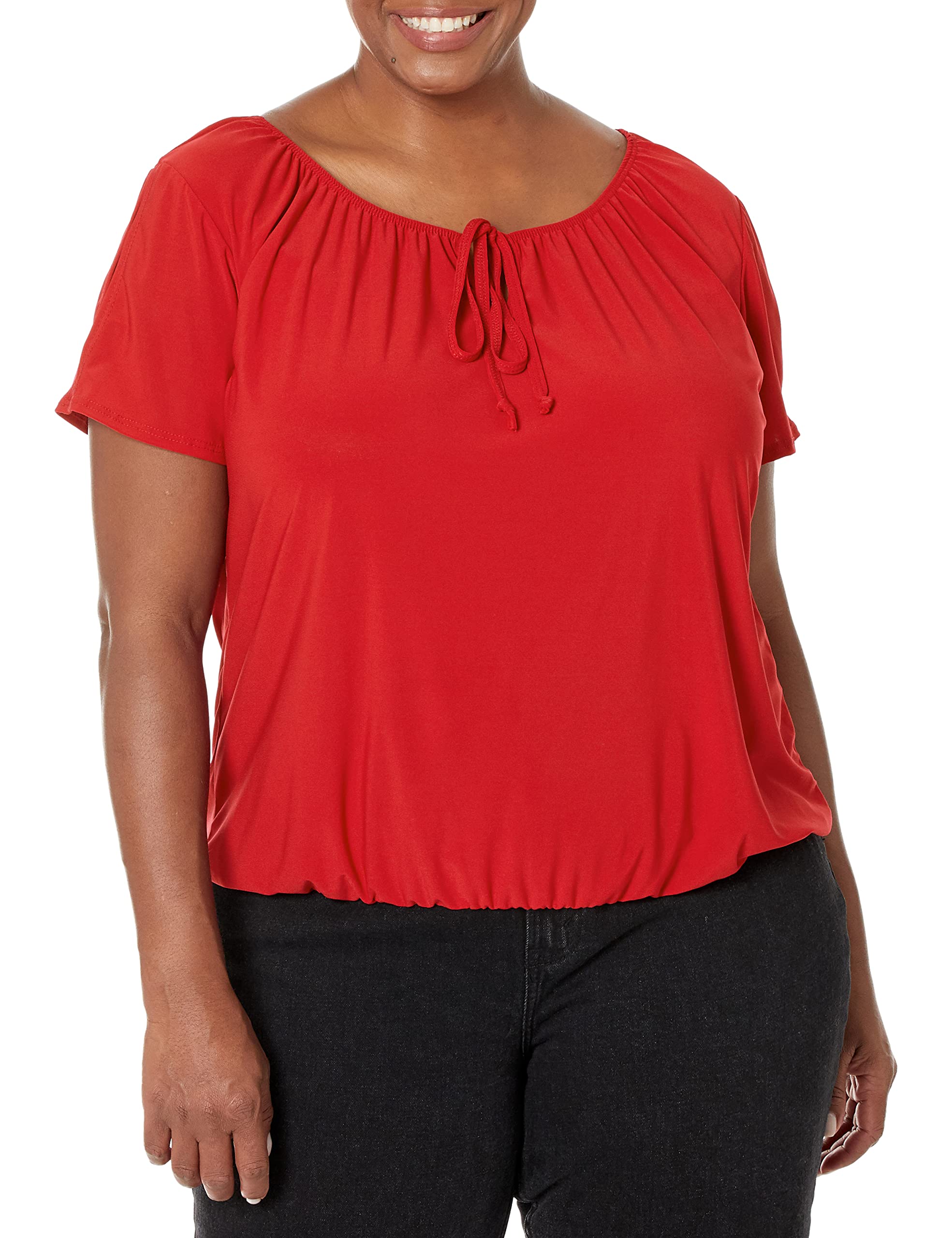 Star Vixen Women's Short/Slit Sleeve Keyhole-Tie Peasant Top Bubble Hem Blouse, Red Solid, Medium