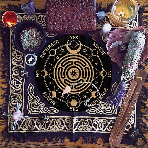 Miniatura 10 de AHANDMAKER Juego de tablero de péndulo, tablero de adivinación de madera para radiestesia, tablero de mensajes metafísicos con collar de péndulo de