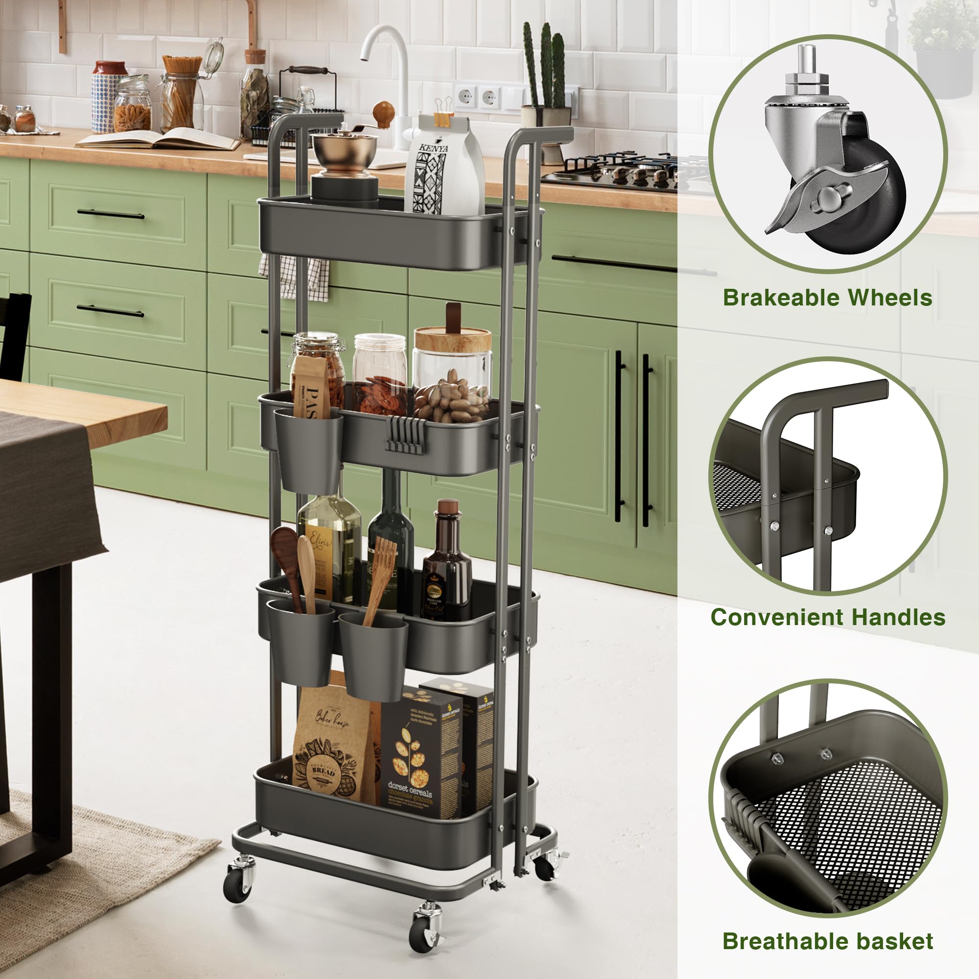 DTK Carrello pieghevole a 4 ripiani, in metallo, con ruote bloccabili, carrello portaoggetti pieghevole per soggiorno, cucina, bagno, camera da letto e ufficio, nero
