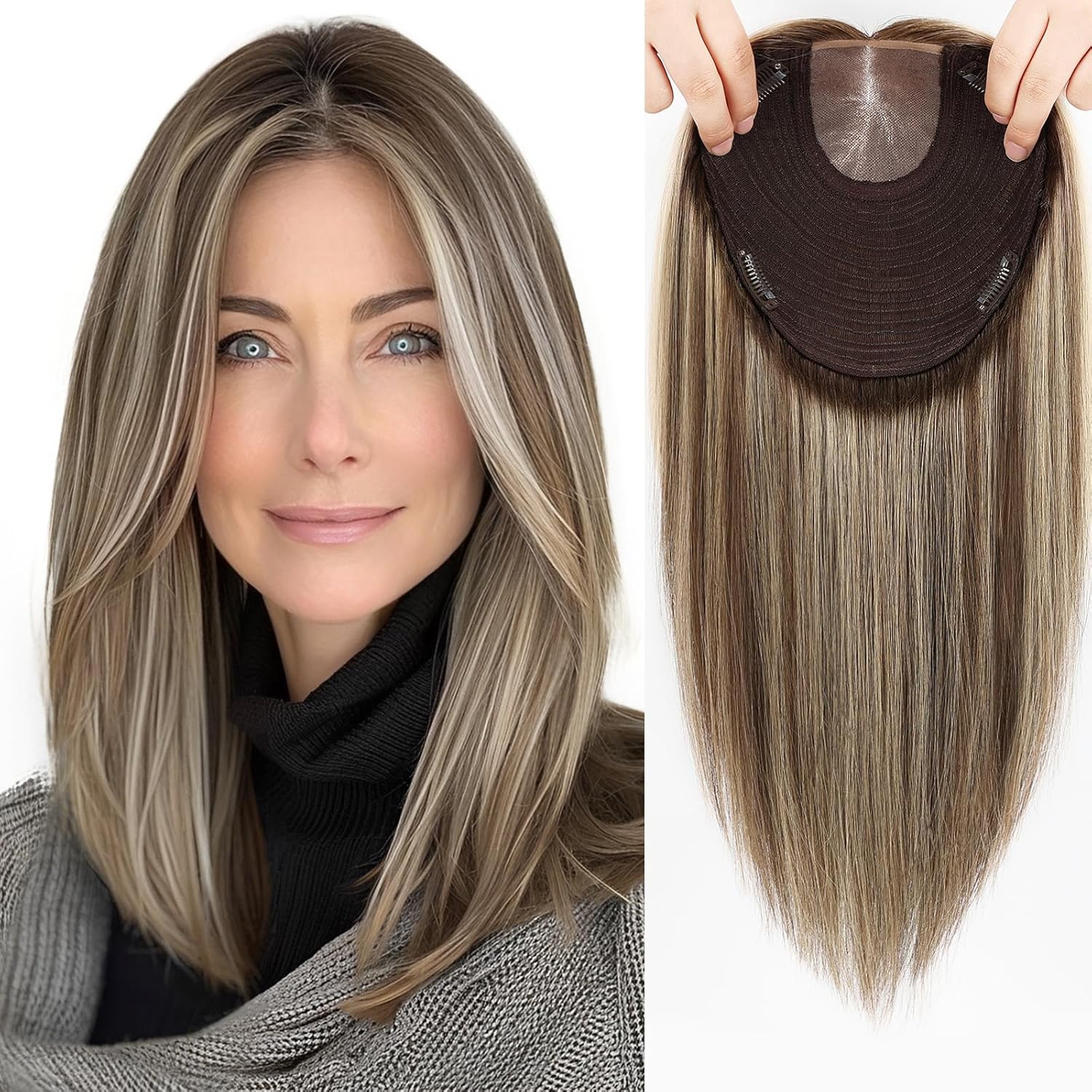 MONO TOP Hair Toppers for Women Human Hair 12 Inch 7"×8" Big Base Partial wig Cover Thinning Hair or Loss No Bangs Top Hair Pieces Natural Wiglets (Ombre Brown Mix Platinum)