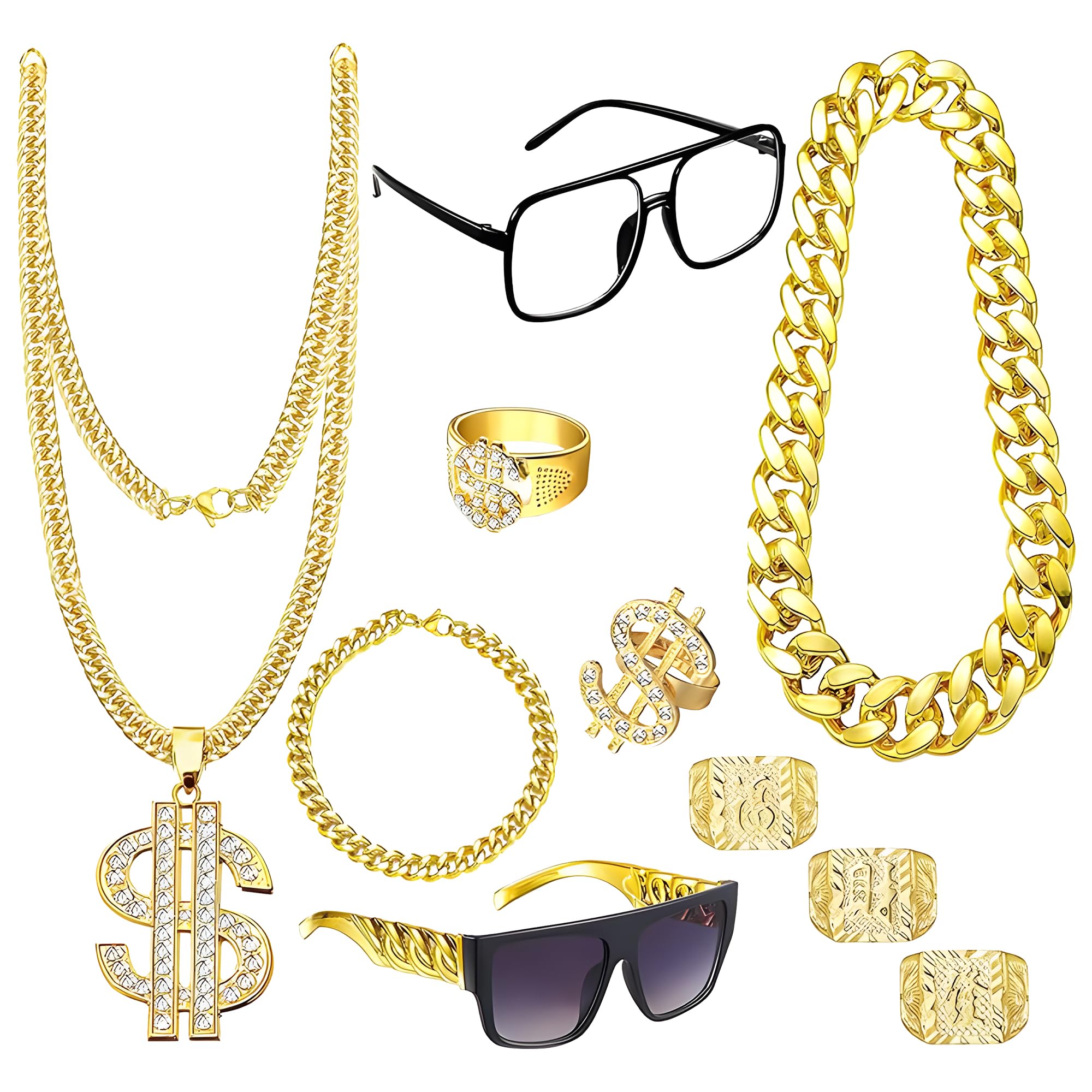 Jyeennar 10pcs 80s 90s Hip Hop Costume Set for Women & Men - Fake Gold Chain, Sunglasses, Rings & Bracelet Accessories Kit