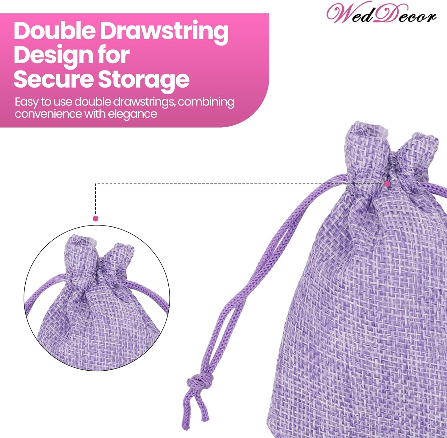 WedDecor 50pcs Burlap Hessian Bags with Drawstring 7cm x 9cm Jute Reusable Fabric Gift Bag for Vintage Mesh Jewelry DIY Craft Wedding Party Supplies, Purple