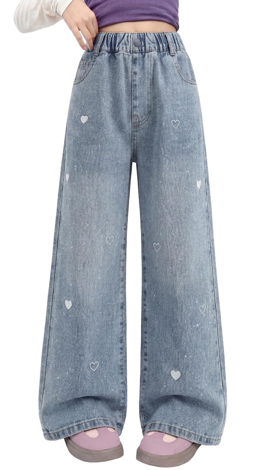 Happy Cherry Mädchen Jean Hosen Baggy Blau Denim Hose Kinder Hoher Elastischer Bund Jeans Weites Bein Casual Loose Straight Jeanshosen 120-170