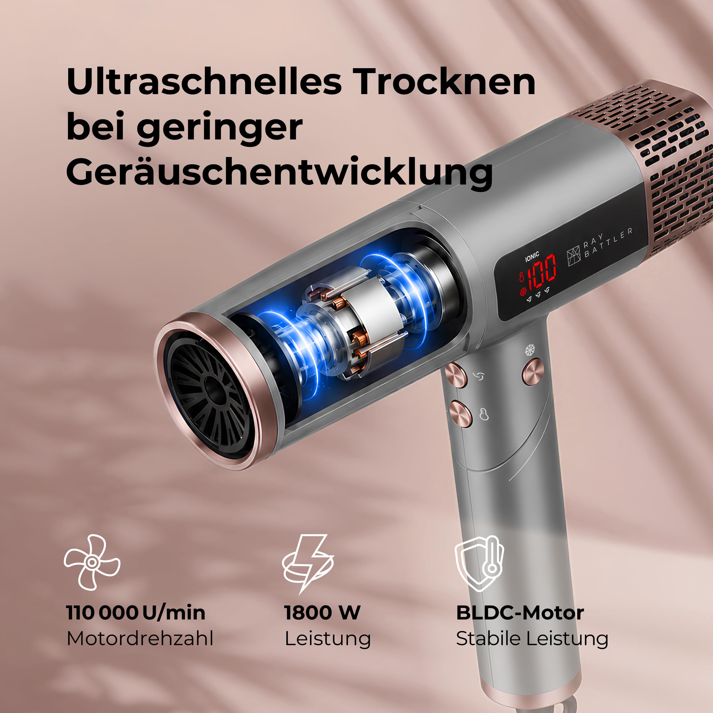 Föhn mit Diffusor, 1800 W Ionen-Haartrockner mit BLDC-Motor, klappbarer High-Speed-Fön, 110.000 U/min, LED-Display, 4 Temperaturstufen, 3 Luftstufen, Kaltluft, 2 Stylingdüsen