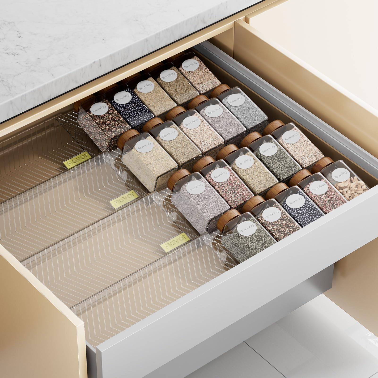Clear Acryl Spice Lade Organizer, 4 Tier- 2 Set Uitbreidbaar Van 13 tot 26 Kruiden Potten Laden Insert, Keuken Spice Rack Tray voor Lade/Aanrecht (Potten niet inbegrepen