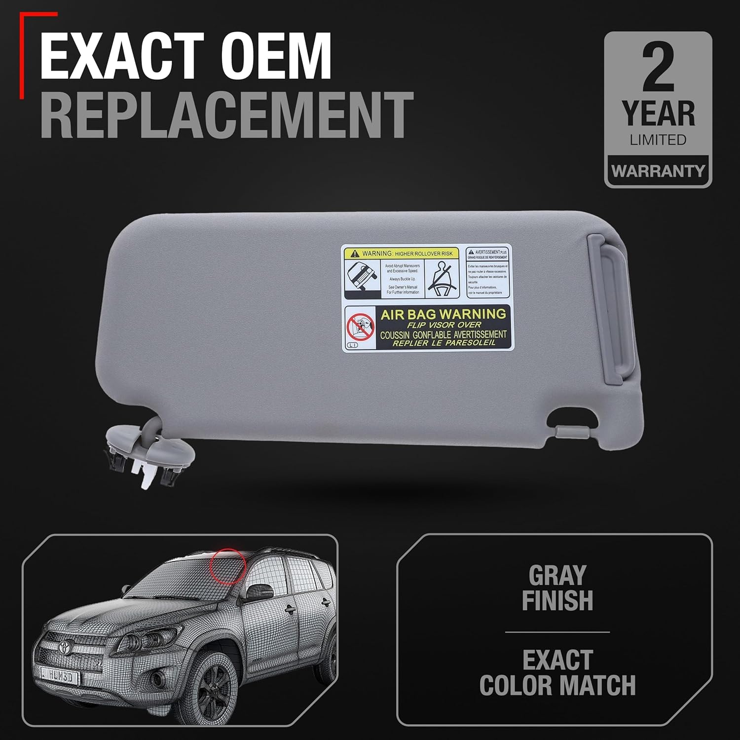 Sun Visor Replacement, Left Driver Side - Compatible with 2010-2012 Toyota RAV4 - Automotive Sun Protection Visor, Vehicle Interior Shade - Gray, with Mirror - OEM 74320-42502-B2