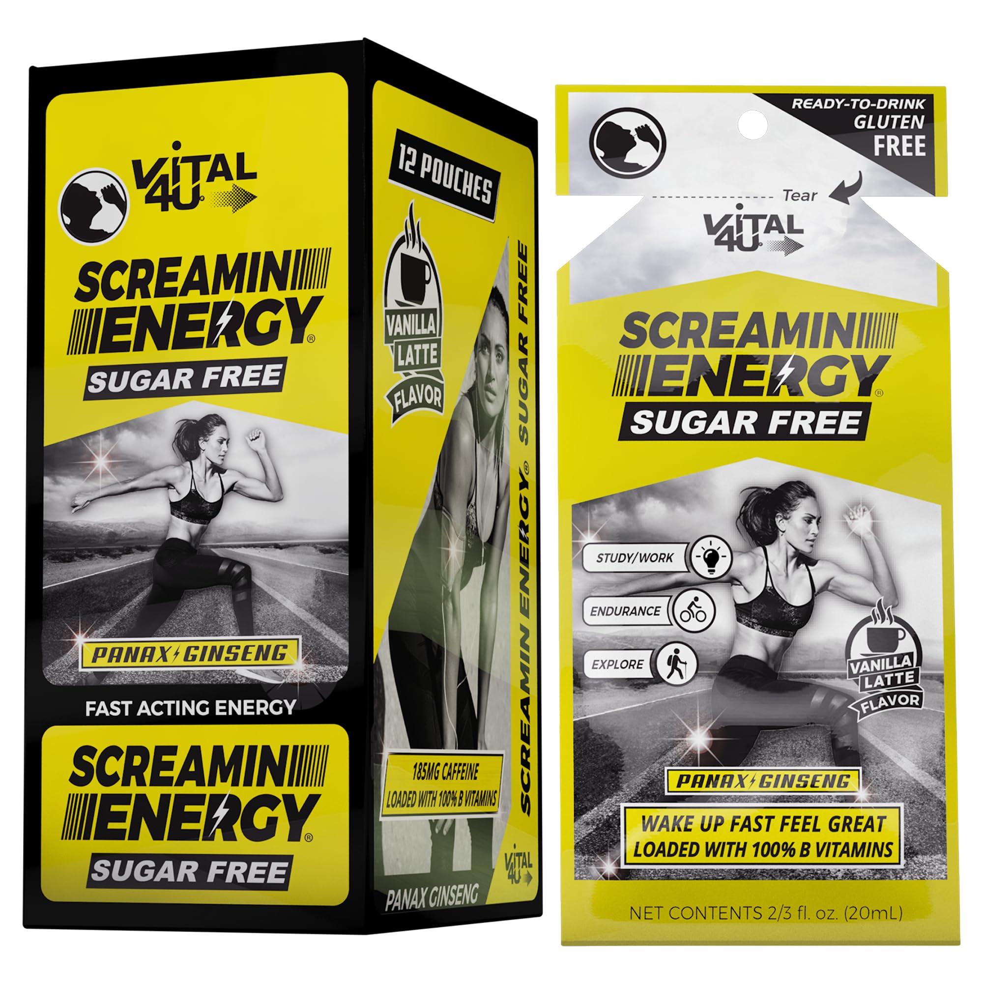 Screamin Energy® Sugar Free - Maximum Strength Formula with Ginseng, Caffeine, and B Vitamins - Vanilla Latte Flavor, 24 Ct