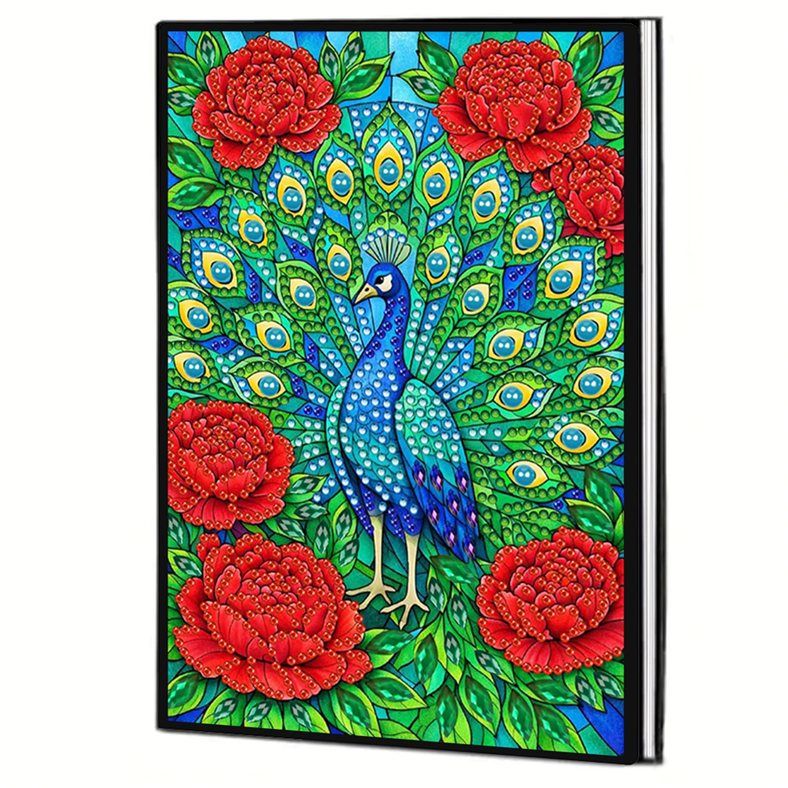 Diamond Art Notebooks — A5 Special Shape Diamonds Dot Painting Journal 50 Pages, DIY Gem Painting Kit Diamond Art Book Sketchbook Craft Gift for Adults Beginners(Peacocks)