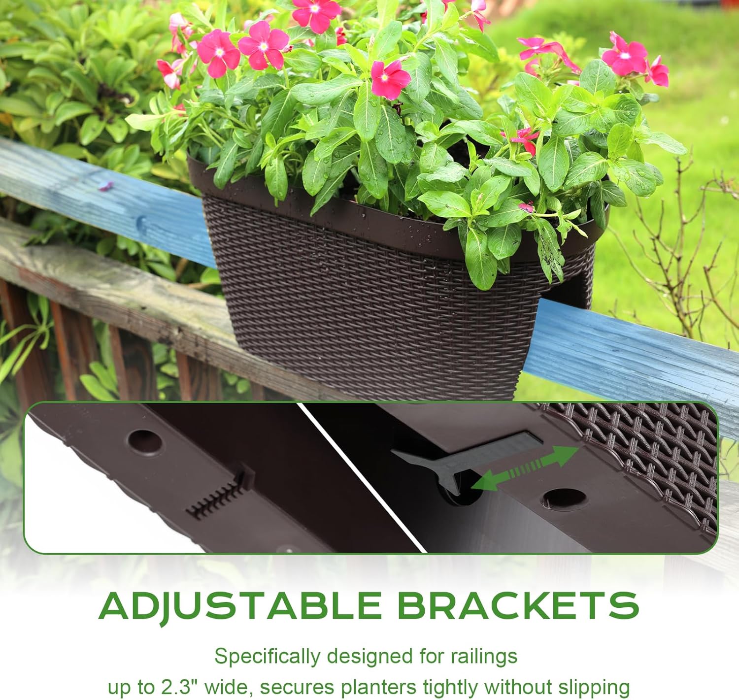 BPS Deck Railing Planter Boxes Set of 4, 20 inch Oval Outdoor Planters with Adjustable Brackets for Patio, Balcony, Fence