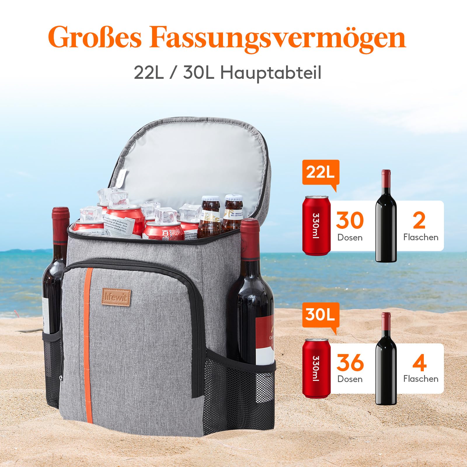 Lifewit 22L 30 Dosen Kühlrucksack, Auslaufsichere Kühltasche Rucksack, wasserdichte Isolierte Lunchtasche für Männer, Frauen, Arbeit, Picknicks, Strand, Camping, Reisen, Grau