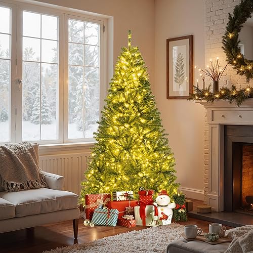 Miniatura 38 de GOFLAME Árbol de Navidad artificial preiluminado de 8 pies con luces LED blancas cálidas y conos de pino, decoración navideña para el hogar