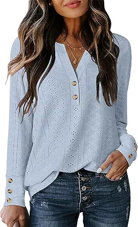 ANRABESS Womens Eyelet Tops Long Sleeve Henley Shirts Business Dressy Casual Blouse Vacation T-Shirt 2025 Fall Outfits