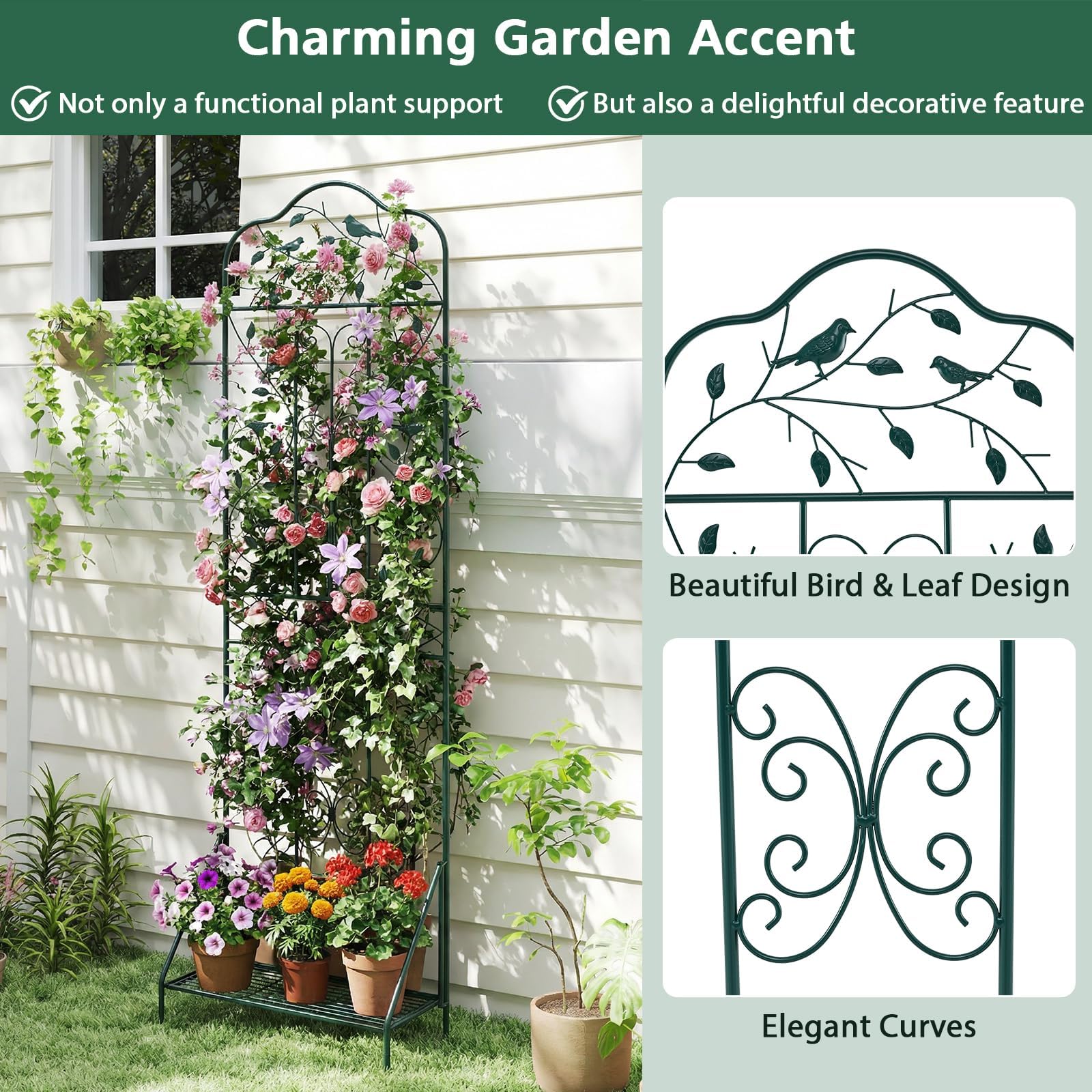 FANTASK Griglia per traliccio in metallo 3 in 1, con base, recinzione decorativa da giardino e scaffale per fiori, per piante rampicanti, fiori e verdure (verde scuro)