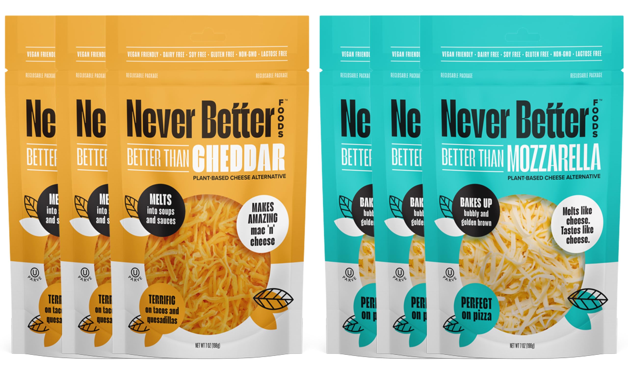 Never Better Foods Plant-Based Shredded Cheddar & Mozzarella Cheese Blend, 6 Pack (6 x 7 oz Bags), Dairy-Free, Vegan, and Allergen-Free, Ideal for Cooking, Melting, and Meal Prep