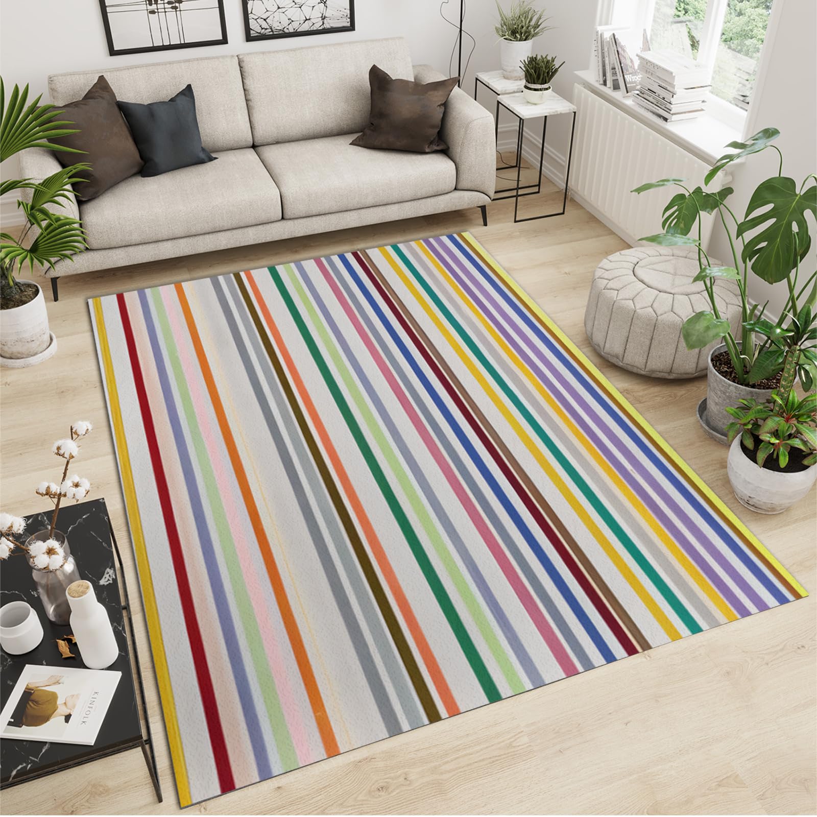 Tapis à rayures colorées lavable pour salon et petite chambre motif crayon 60 x 140 cm