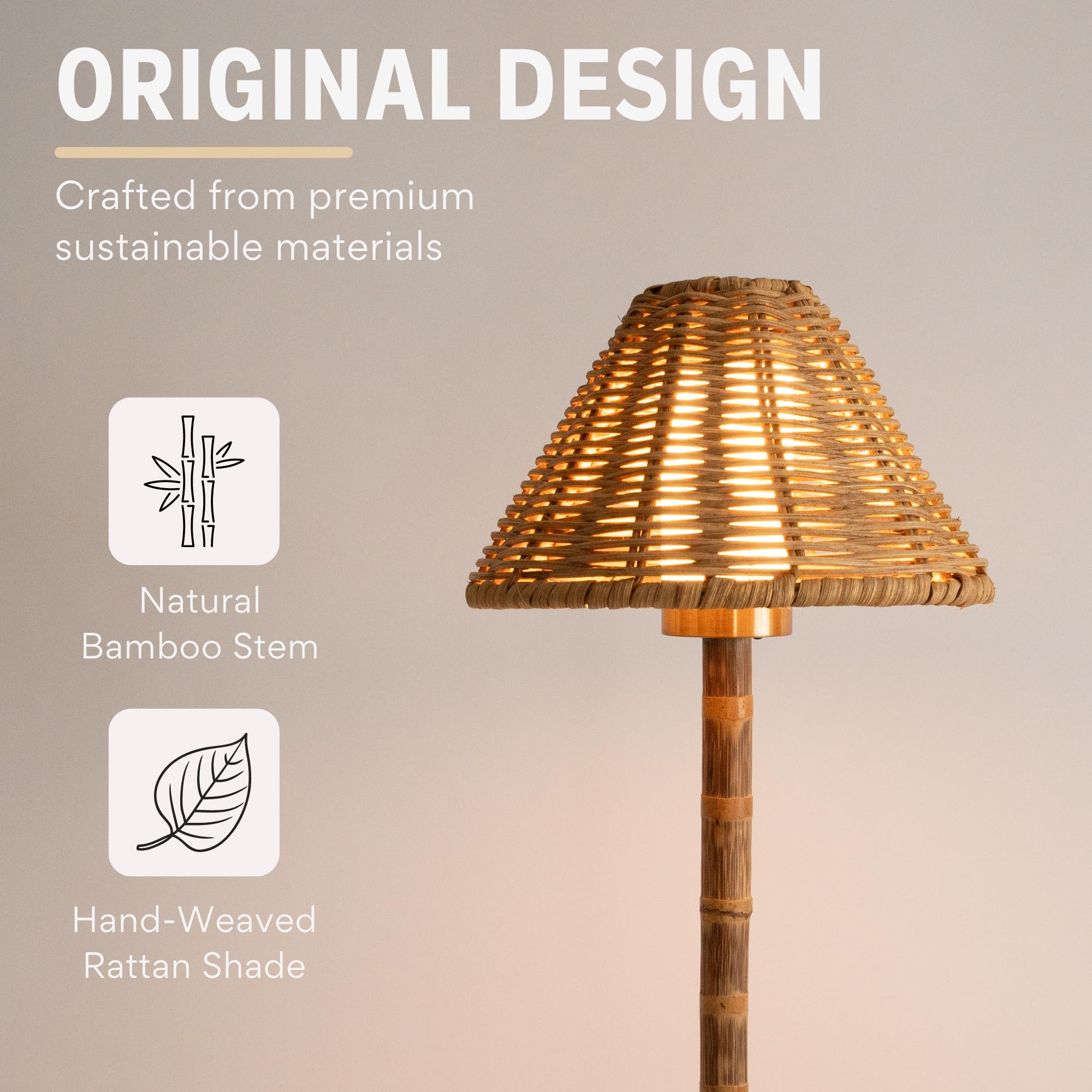 Bambus Kabellose LED Tischlampe - Wiederaufladbare 24-Stunden-Akku, Dimmbares Warmes Licht, Tragbare Kabellose Lampe mit Fernbedienung für Innen/Außen, Haus, Terrasse, Restaurant - (NATURAL RATTAN