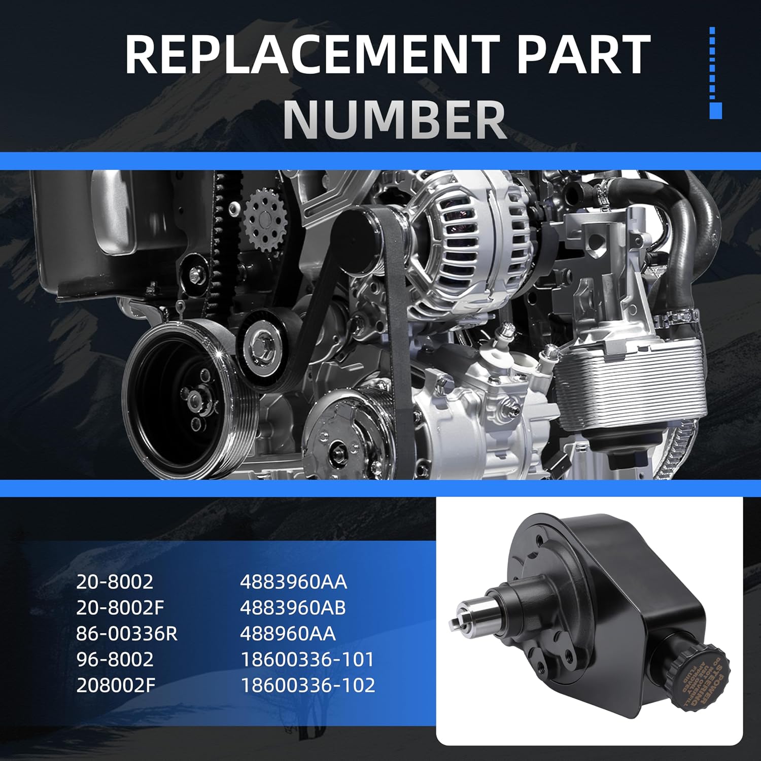 Power Steering Pump, for Dodge Ram 2500/3500 1997-2002, L6 5.9L, Power Assist Pump Replace# 20-8002, 20-8002F, 86-00336R, 96-8002, 208002F, 4883960AA, 4883960AB, 488960AA, 18600336-101