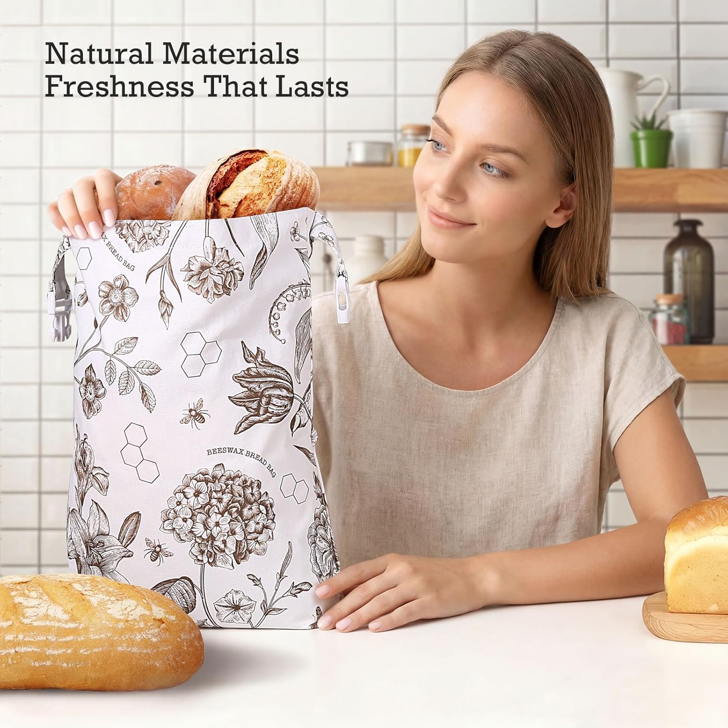 Reusable Vintage Floral Beeswax Bread Bag for Sourdough, 2 Pack Large Beeswax Lined Cotton Homemade Bread Storage Bags, Natural Freshness Keeper, Brown, 17''x 13"