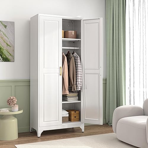 Miniatura 6 de Armario de metal, armario con barra para colgar, armario de almacenamiento de ropa con estantes y puertas ajustables, armario de ropa para