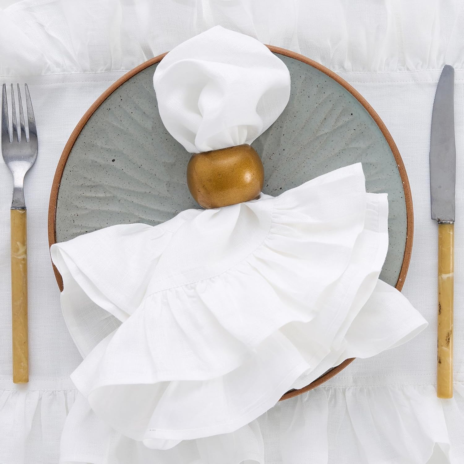 Solino Home Linen Ruffle Cloth Napkins Set of 4-100% Pure Linen White Dinner Napkins 20 x 20 Inch for Mothers Day, Spring, Summer, Memorial Day - Gabrielle Ruffle, Handcrafted and Machine Washable