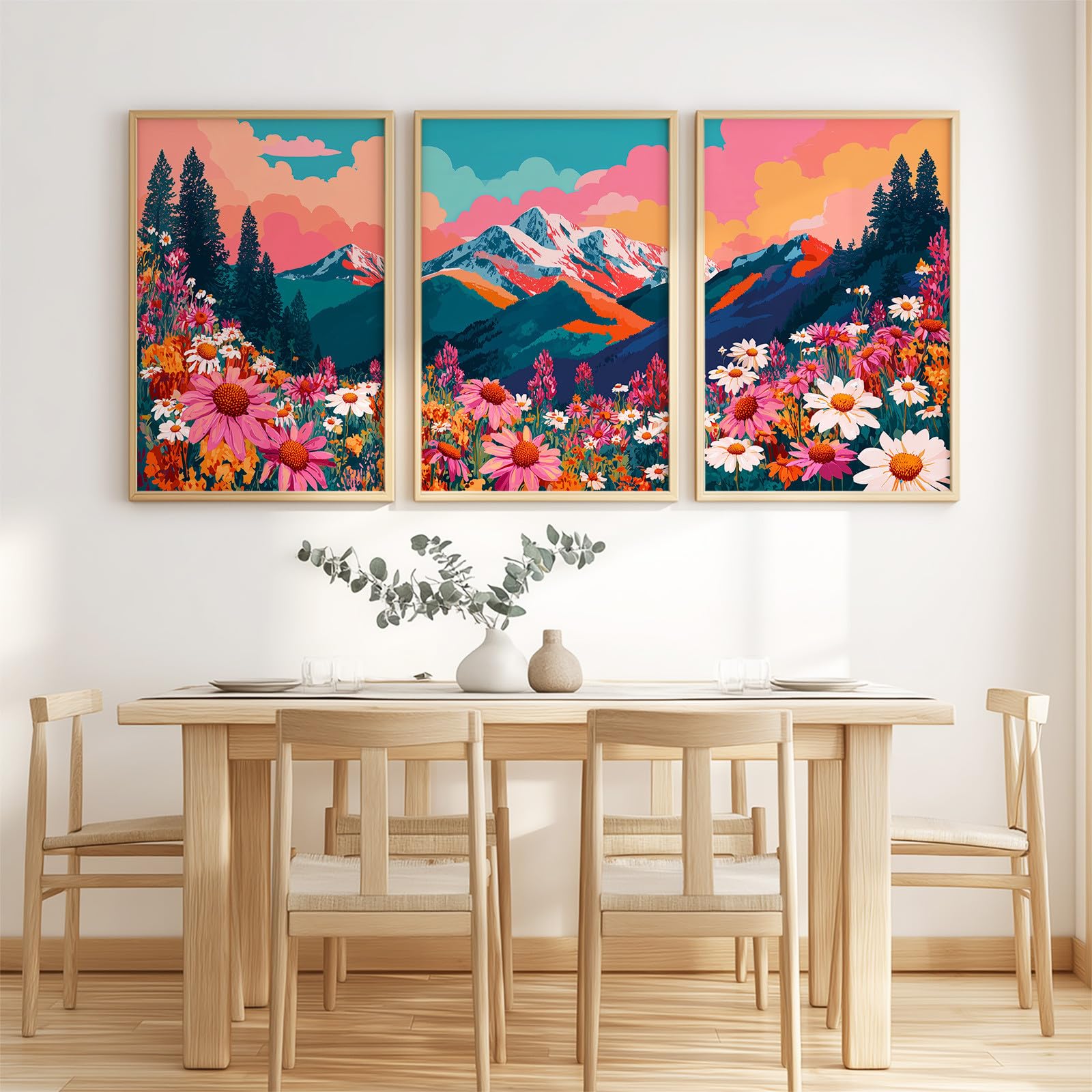 Generisch 3 piezas de arte de pared pósteres, arte popular floral astético murales para sala de estar, dormitorio, decoración de montaña de nieve, cama de flores, bosque, flor de margarita, lienzo de