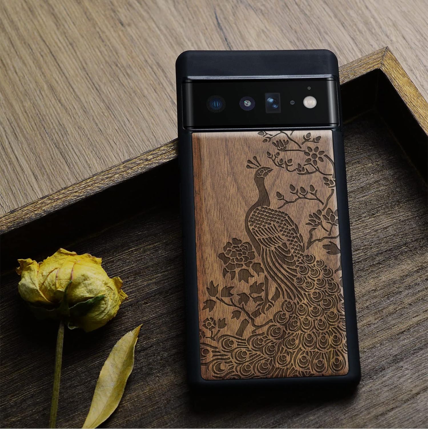 Carveit Wood Case for Pixel 6 Pro Case [Natural Wood & Black Soft TPU] Shockproof Protective Unique & Classy Wooden Cover Compatible with Google Pixel 6 Pro (Peacock-Walnut)