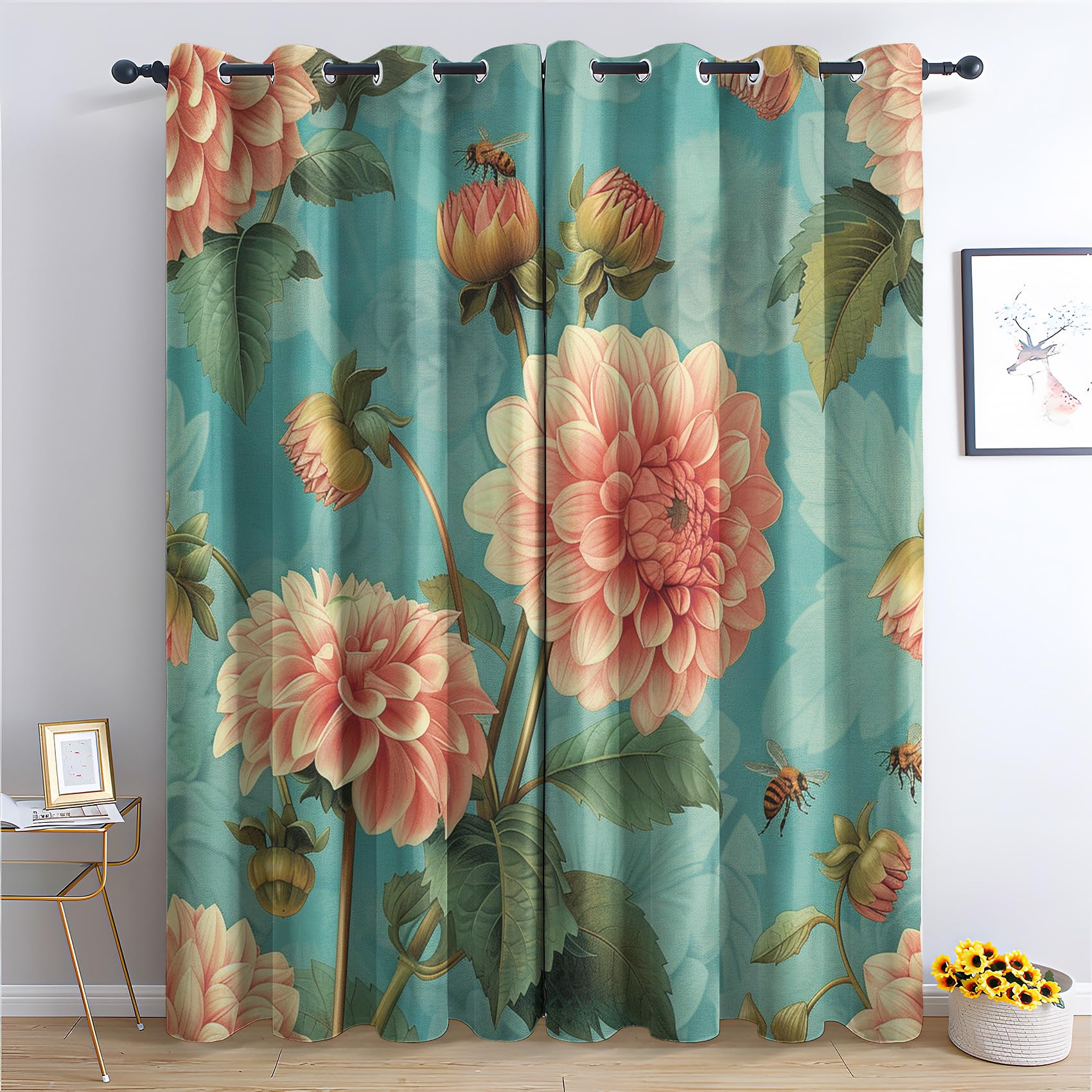 Qrepzyme Dahlia Flower Curtains for Living Room, Bee Plant Blackout Curtains 108 Inch Long 2 Panels, Floral Botanical Drapes for Bedroom, Thermal