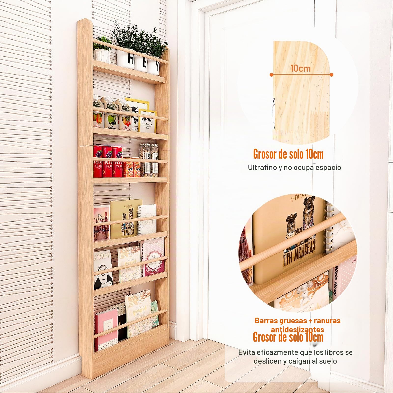 MYOYAY Estantería para niños detrás de la puerta, soporte de pared, organizador de 6 niveles para juguetes y libros, ahorra espacio, estantería estrecha de madera maciza