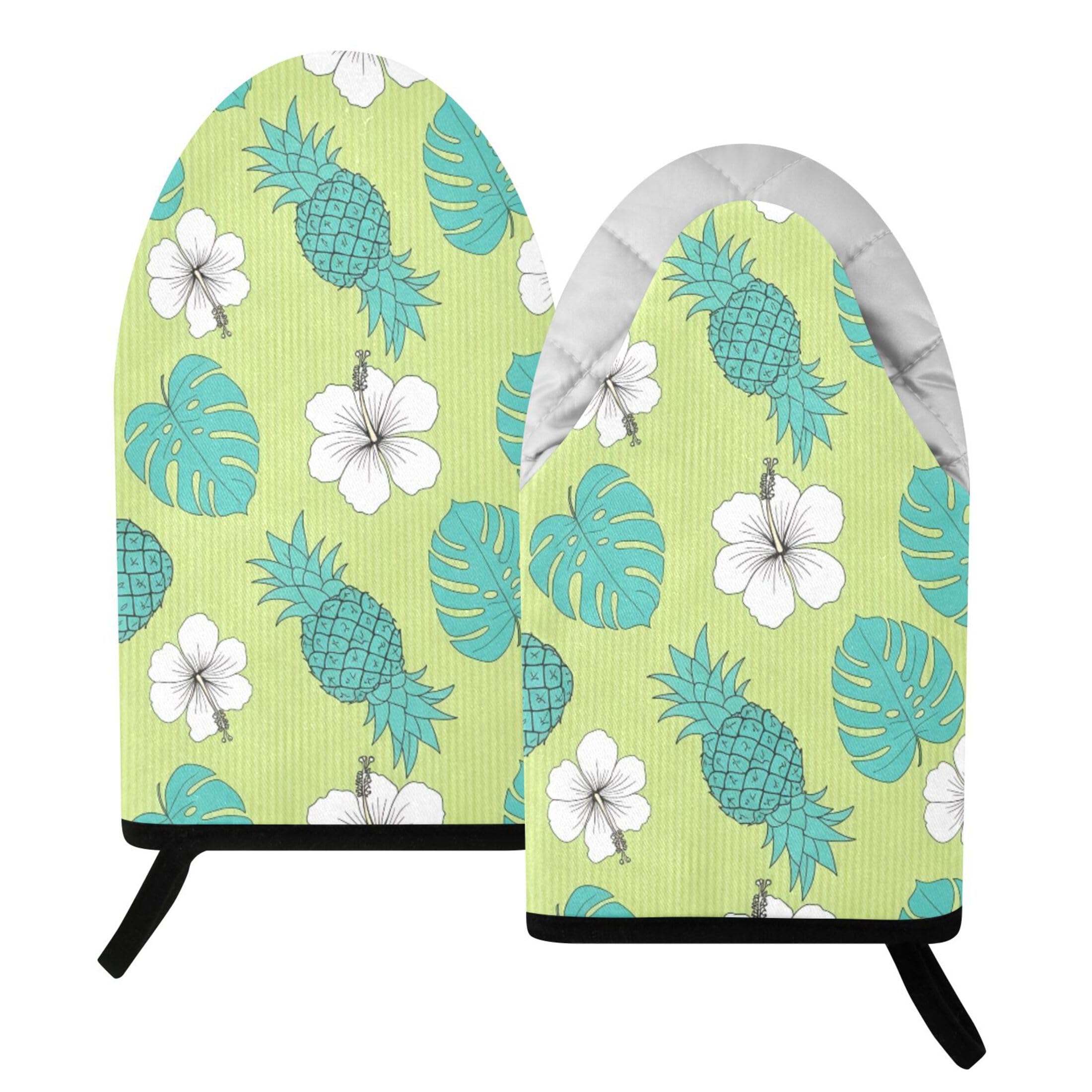 Fuauuyl Oven Mitts Heat Resistant Kitchen Gloves, Hibiscus Pineapples Classic Oven Gloves with Hanging Loop for Baking BBQ Cooking Grilling, 1 Pair, 9.5 in